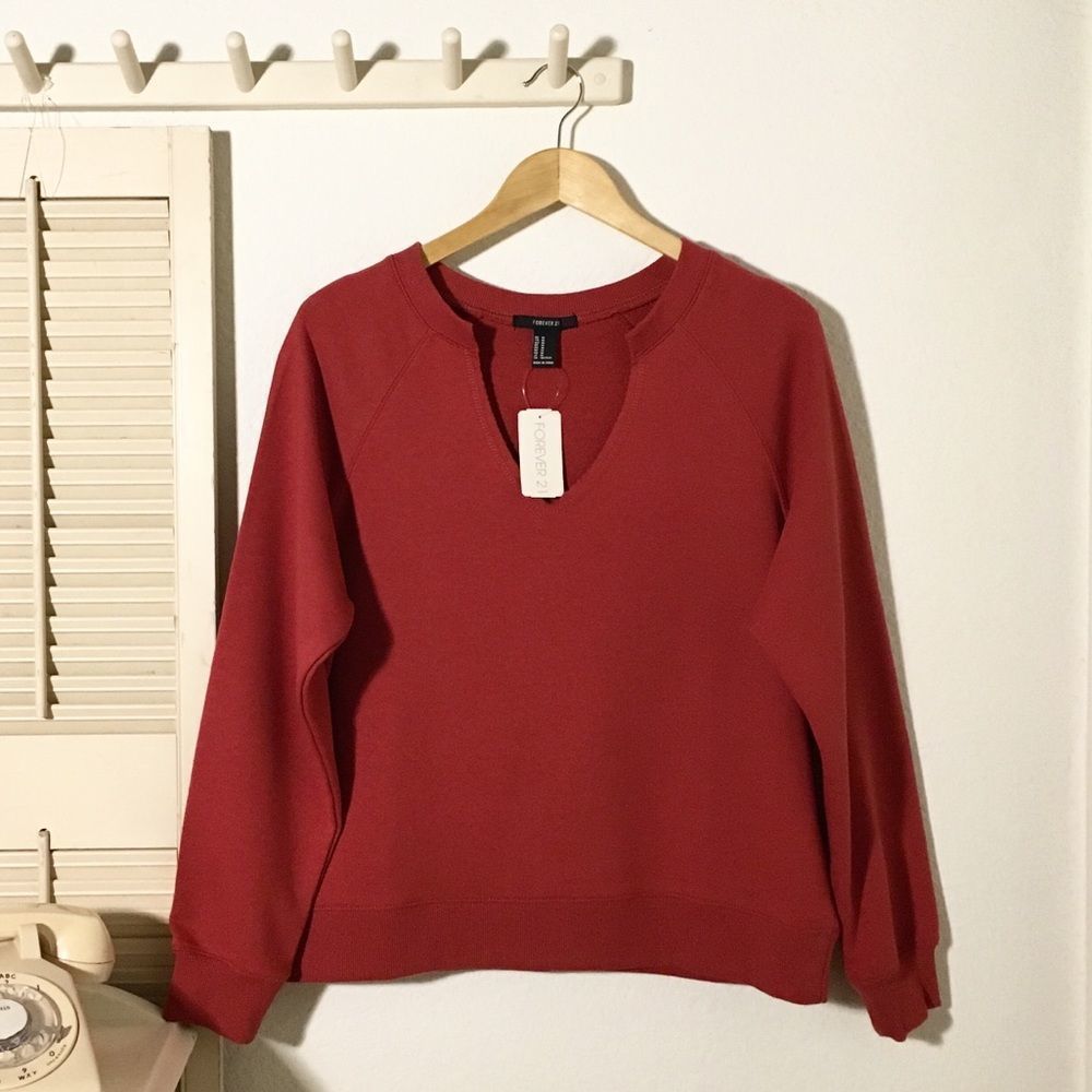 Forever 21 Rust Colored Pull Over Raw Vneck Sweatshirt French Terrycloth…